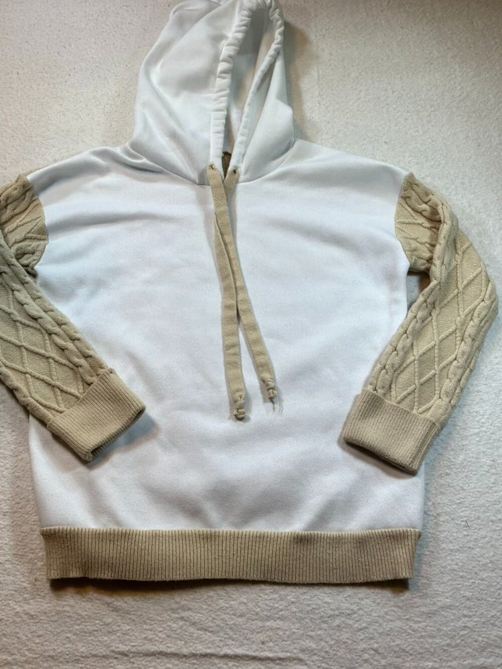 Hem and‎ Thread Cable Knit Sleeve/Back Hoodie White and Tan Sz S